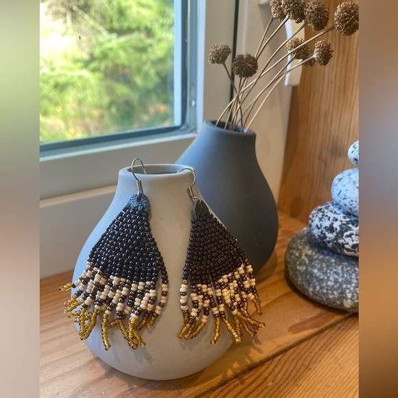 artisan made Jewelry - Handmade Beaded Earrings with little leather detail